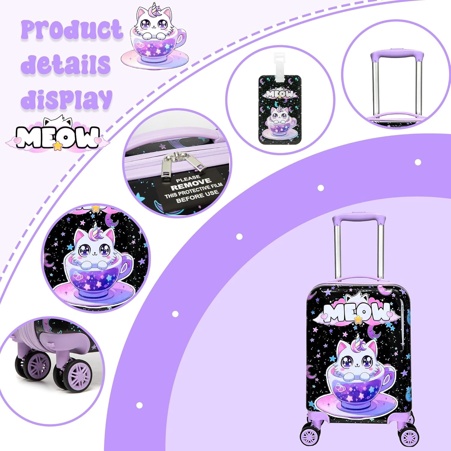 Kids Luggage Sets for Girls 3 Piece Rolling Suitcases with Wheels Hardshell with Duffle Bag for Travel Suitcase with Neck Pillow Airplane