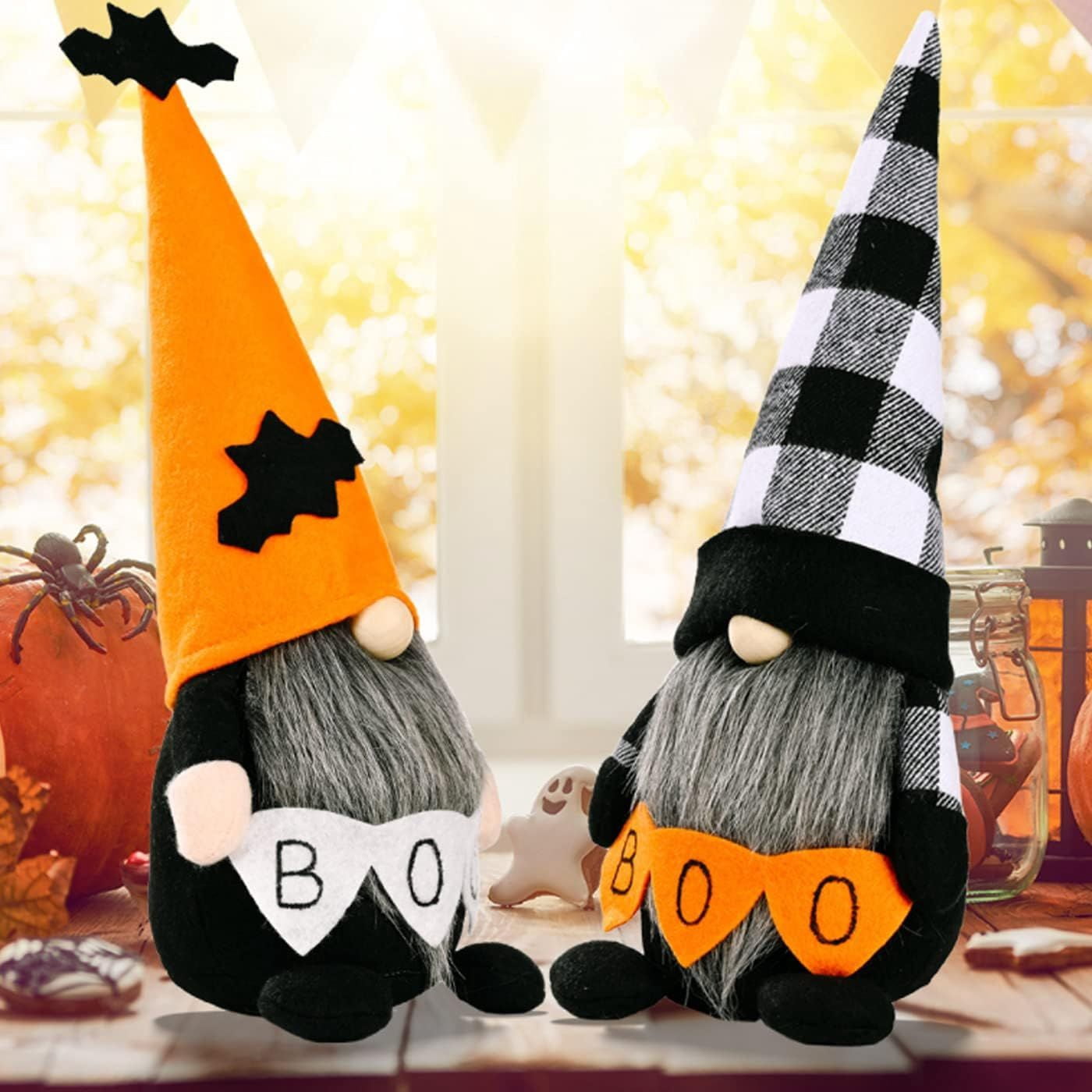 Set of 2 Halloween Plush Gnomes with BOO Banner and Bat for Festive Decor