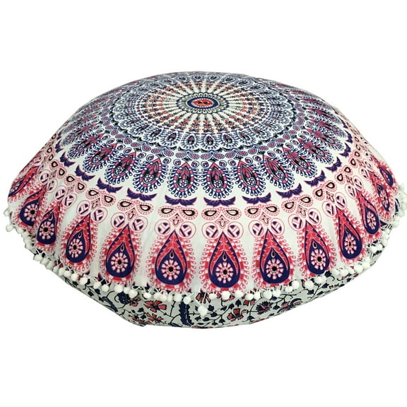 Stylo Culture Indian Floor Cushion Cover Round Mandala Floor Pillow Printed Pillow Cover Pink Large 32 x 32 Decorative Pom Pom Lace Cotton Peacock Feather 1 Pc