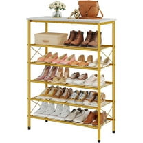 6 Tier Shoe Rack Organizer for 20-24 Pairs of Shoes, Metal Mesh Shoe Shelf for Closet, Industrial Shoe Rack for Entryway Shoe Storage with X Shape Fixed Frame, White & Gold