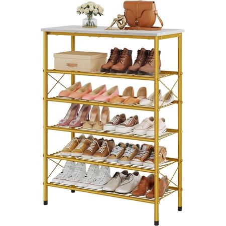 6 Tier Shoe Rack Organizer for 20-24 Pairs of Shoes Metal Mesh Shoe Shelf for Closet Industrial Shoe Rack for Entryway Shoe Storage with X Shape Fixed Frame White & Gold