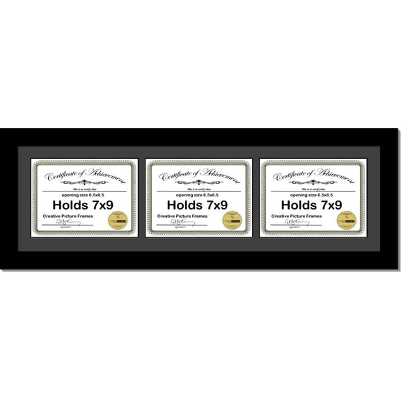 CreativePF [8x30bk-b] Black Horizontal 7x9 Triple Diploma Frame with 3 Opening Black Matting | Holds 3 7x9 inch Documents with installed Wall Hanger