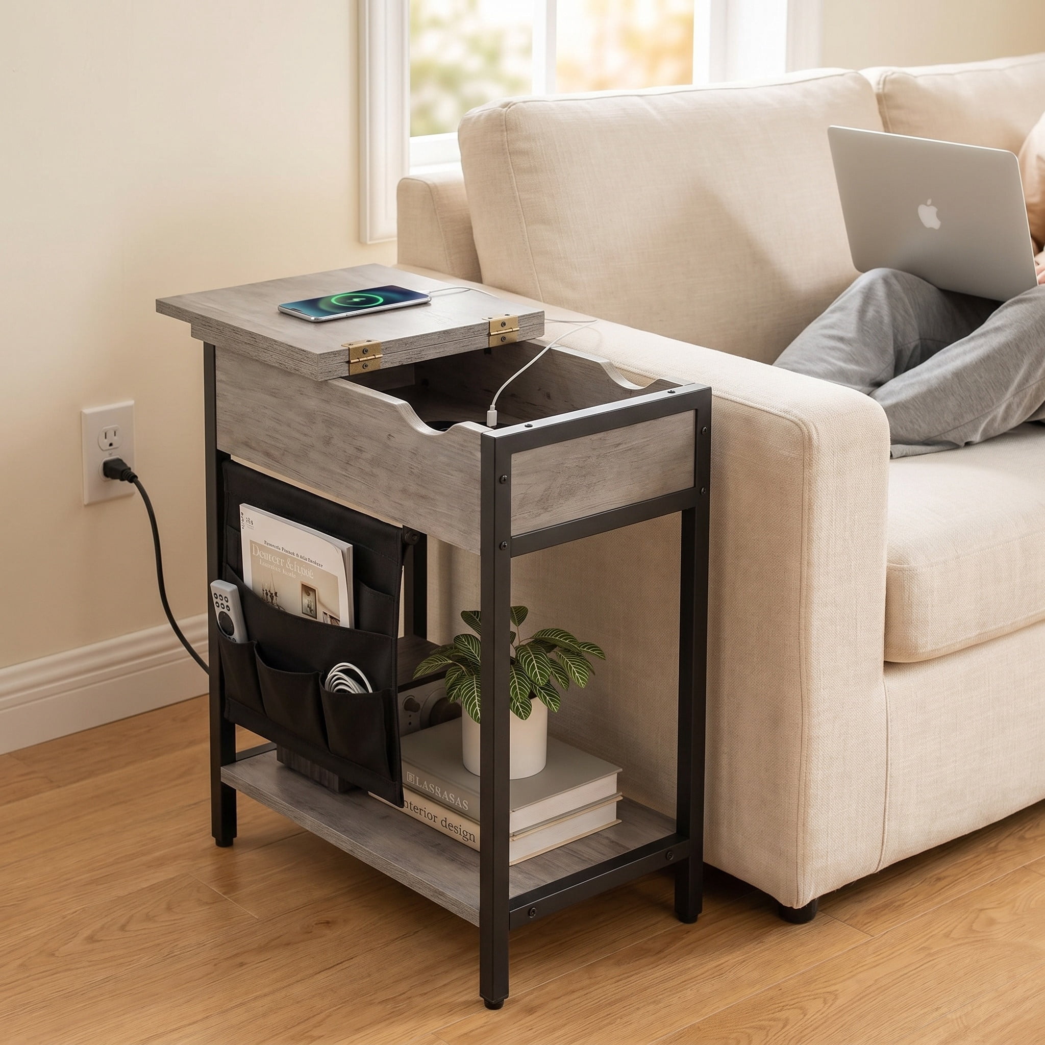 Greige and Black Industrial Side Table with Built-In Charging Station, USB Ports, and Side Fabric Storage Pockets