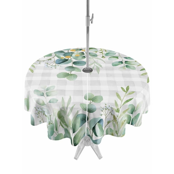 Outdoor Tablecloths with Umbrella Hole & Zipper, Eucalyptus Leaves Round Tablecloths 60 Inch, Summer Botanical Waterproof Table Cloth, Patio/Pool/Picnic Table Covers