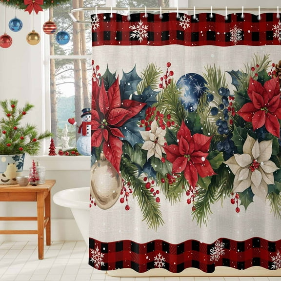 Shower Curtain Bathroom Set Christmas Poinsettia Fir Leaves Waterproof Fabric Shower Curtains with Grommets&Hooks Snowflakes Red Plaid Retro Linen Privacy Bath Curtain for Bathtub 36x72in