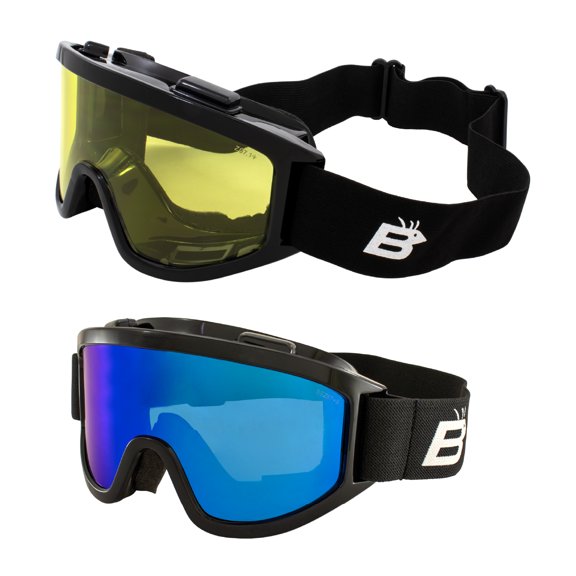 Birdz Eyewear Vulture Motorcycle Goggles ANSI Z87.1  Padded Fit-Over Safety Goggles 2 Pairs Black Frame w/Smoke & ReflecTech Blue Mirror LensesBlack Frame w/Yellow & ReflecTech Blue Mirror Lenses