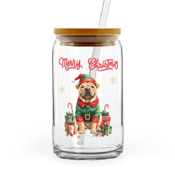 Merry Christmas Woofmas Xmas Noel Chinese Shar-Pei Elf Candy Cane Snow 16oz Glass Cup Mug Dog Lover Glass Can with Bamboo Lid and Straw - 13017