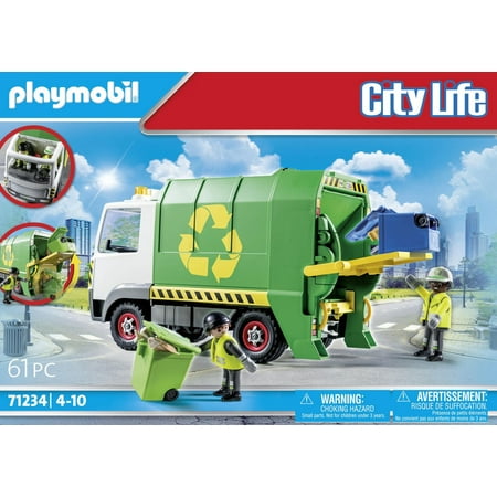 PLAYMOBIL Recycling Truck Toy - Garbage Truck With Removable Roof & Wheelie Bins For Kids 4+