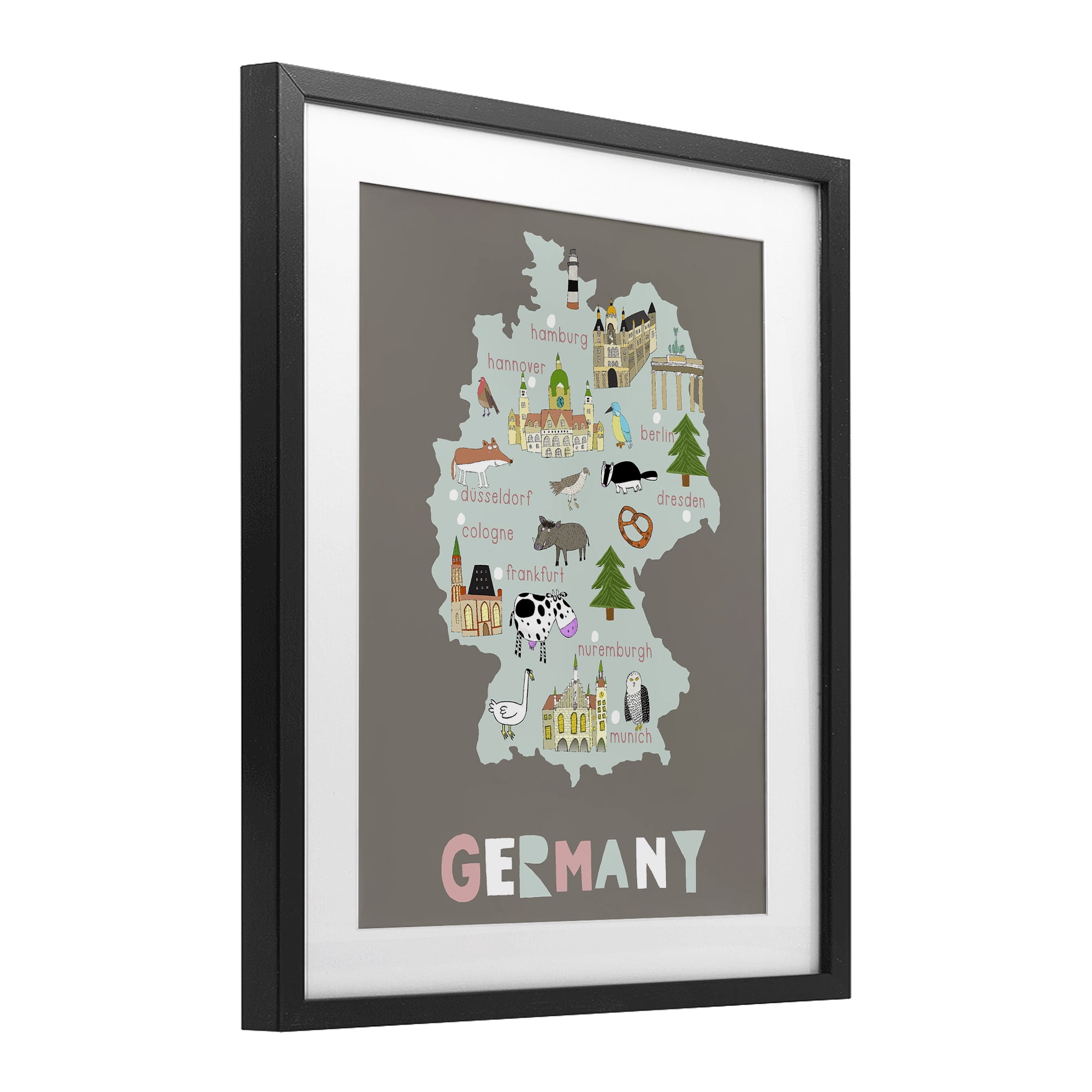 Kid's Map of Germany Black Framed Print Under Glass, design by Carla Daly