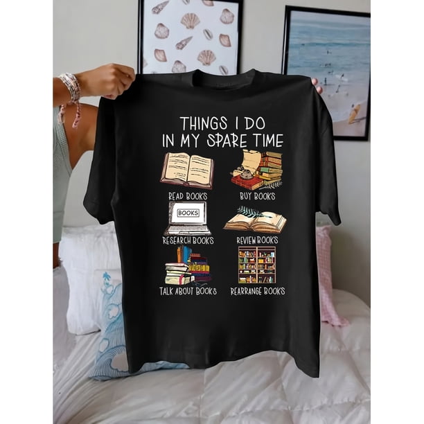 1pc Women's Casual Cotton T-Shirt with Book Lovers Graphic, Round Neck, Short Sleeve, Regular Fit - All Seasons Fashion Tee