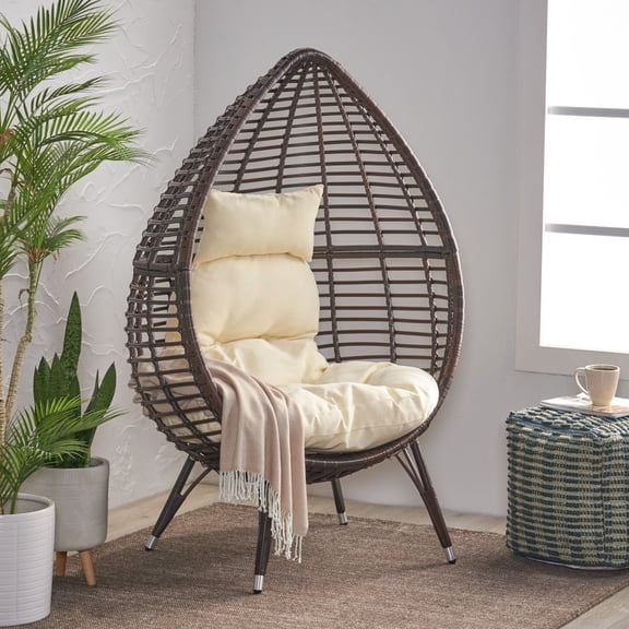 Outdoor Lounge Chair, Teardrop Wicker Patio Chair with Water-Resistant Cushion | Brown Beige | PE Rattan Iron Waterproof Fabric