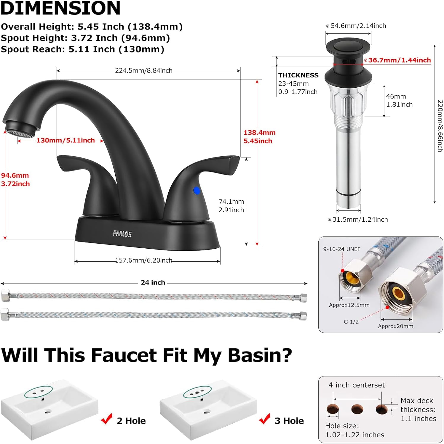 PARLOS Centerset Two-Handle Bathroom Sink Faucet with Metal Drain Assembly and Supply Hose,Matte Black