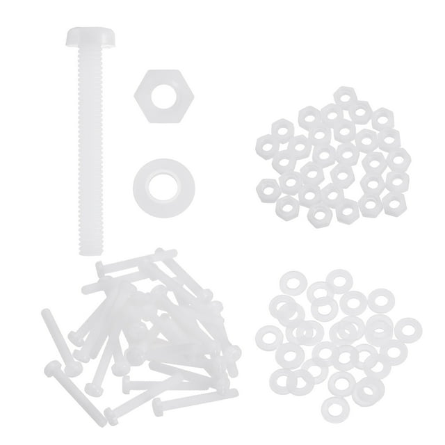 Uxcell 30 Set M4x30mm Nylon Plastic Cross Round Head Screw Phillips Bolts Hex Nuts Flat Washers Assortment Kit, Metric Full Thread Bolt Fasteners for DIY Machine Assembly, White