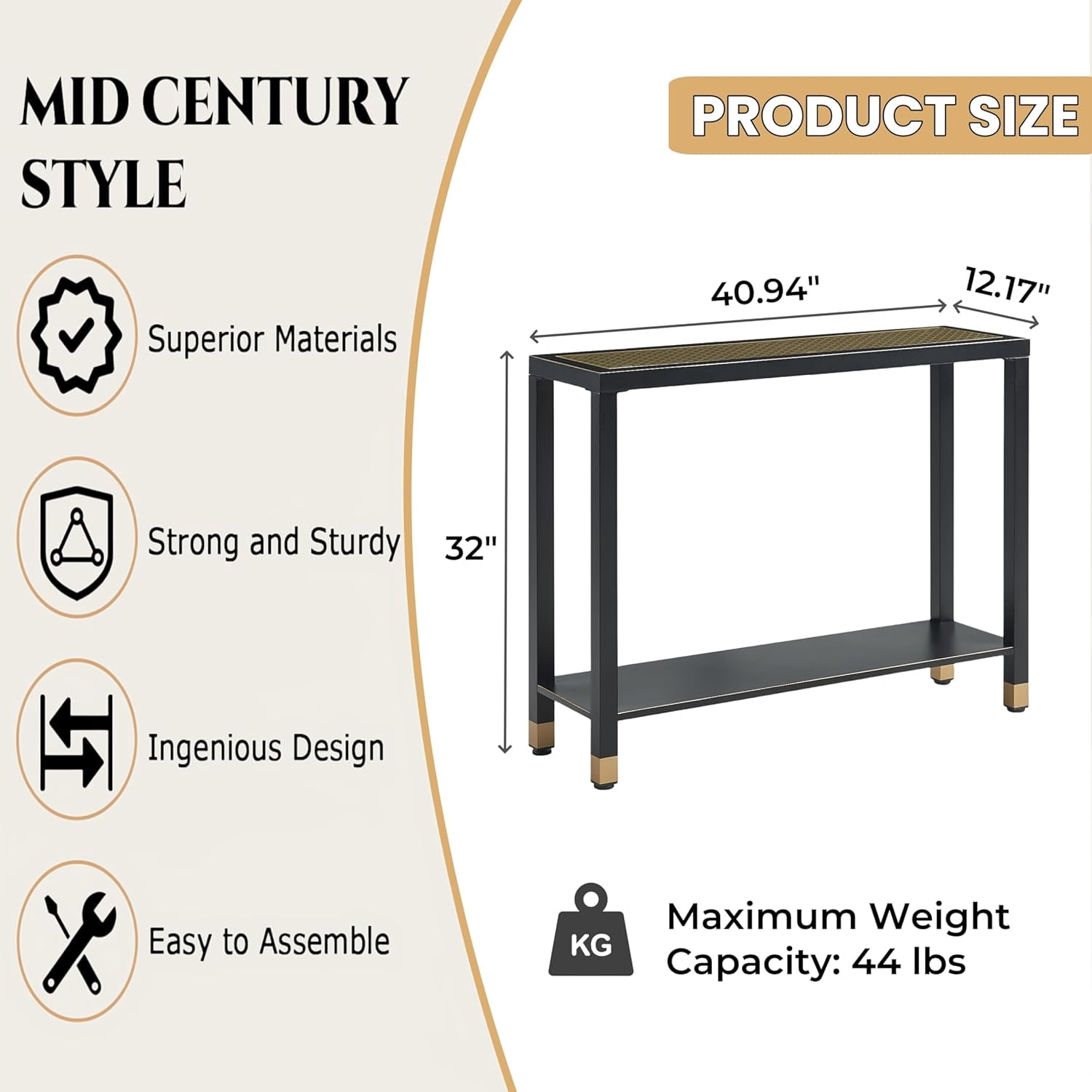 2-Tier Glass Entryway Console Table, Narrow Sofa Table with Storage Shelf, Tempered Glass Foyer Table with Gold & Black Metal Frame, Modern Accent Table for Hallway Living Room Corridor Office