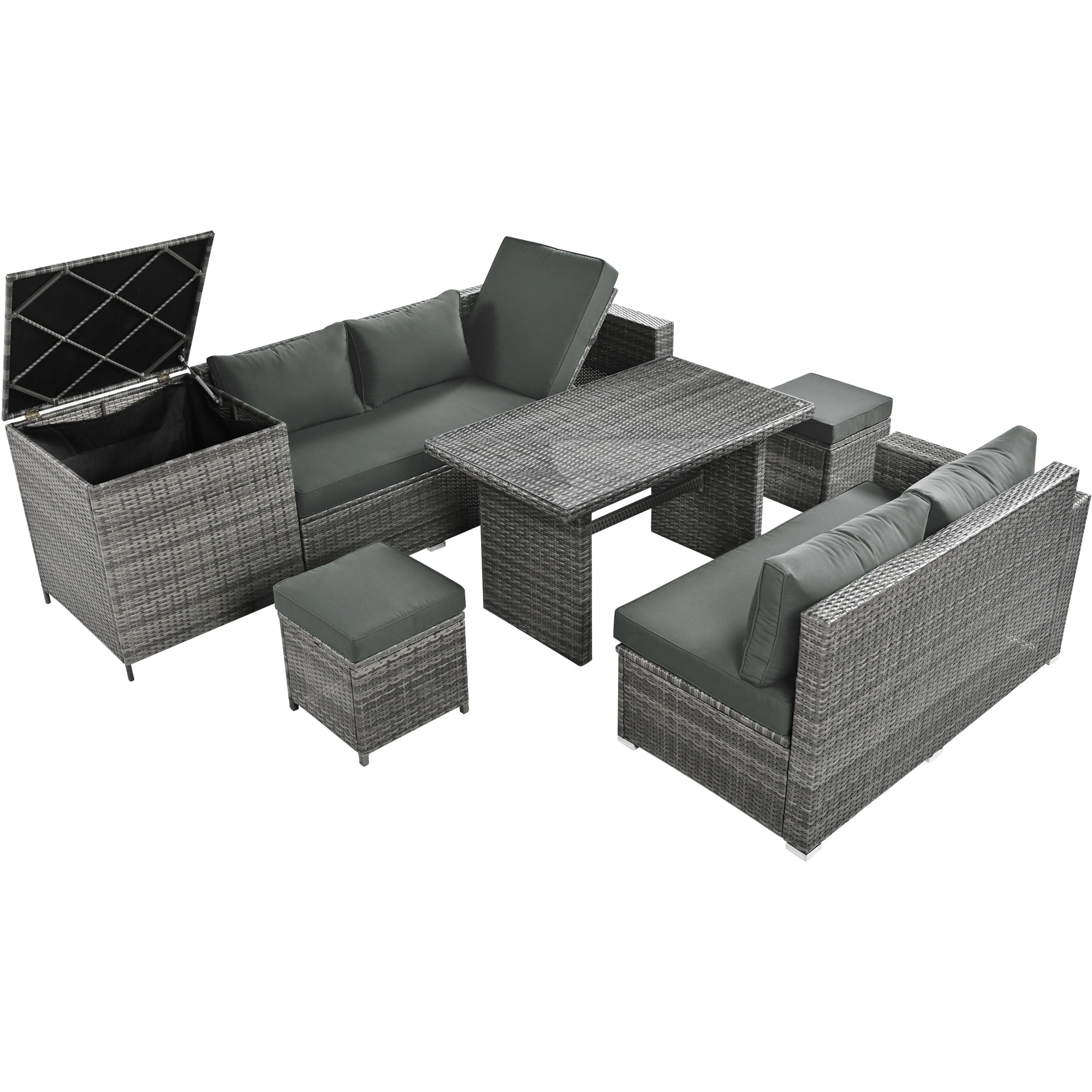 Euroco 6-Piece All Weather Outdoor Rattan Sofa Set, Patio Wicker Sectional Furniture Set with Glass Top Table, Storage Box, for 7 Persons, Gray