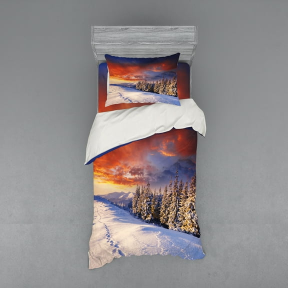 Ambesonne Winter Bedding Set 3 Pcs, Mountains Pine Trees, Twin XL, Orange White