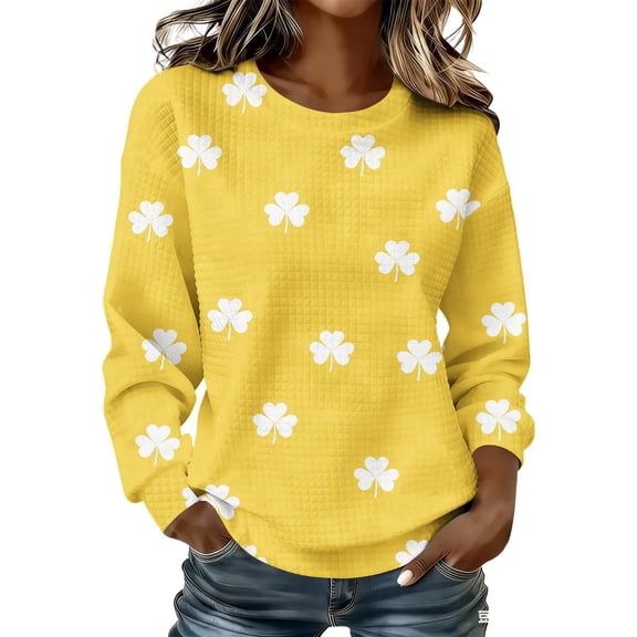 St. Patrick's Day Sweatshirt for Women Waffle Knit Crewneck Long Sleeve Casual Loose Fit Pullover Sweatshirts (XL, Yellow)