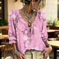 thumbnail image 3 of Women's 3/4 Sleeve V Neck Floral Print Ruffle Blouses Tie Front Flowy Boho Tops Lightweight Woven Casual Shirts Trendy 2026 Summer Beach Outfits Pink 2XL, 3 of 5