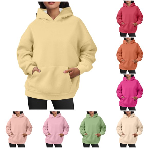 Yuhangmm Sweatshirts for Women Loose Fit Oversized Pullover Hoodies Short Velvet Sweaters Long Sleeve Winter Fall Outfits for Warmth Light Yellow S