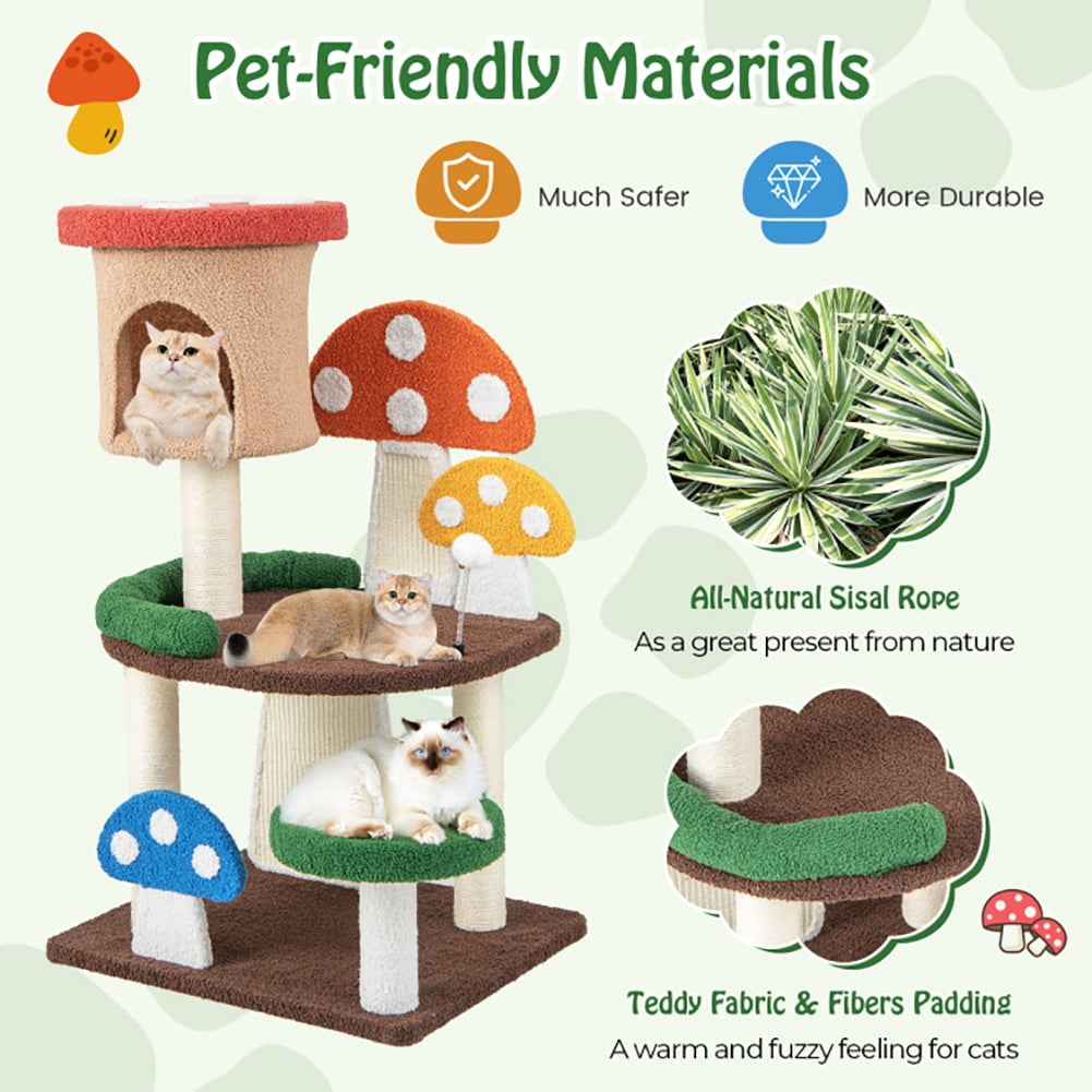 Cat Tower, Cat Tree for Indoor Cats, 4-In-1 Mushroom Cat Tree with Condo Spring Ball and Sisal Posts-Multicolor for Kittens, Elderly Cats, Adult Cats