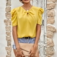 thumbnail image 2 of Bienvenido Women T Shirt V Neck Front Bow Short Puffy Sleeves Back Button Closure Summer Casual Top Yellow S, 2 of 6