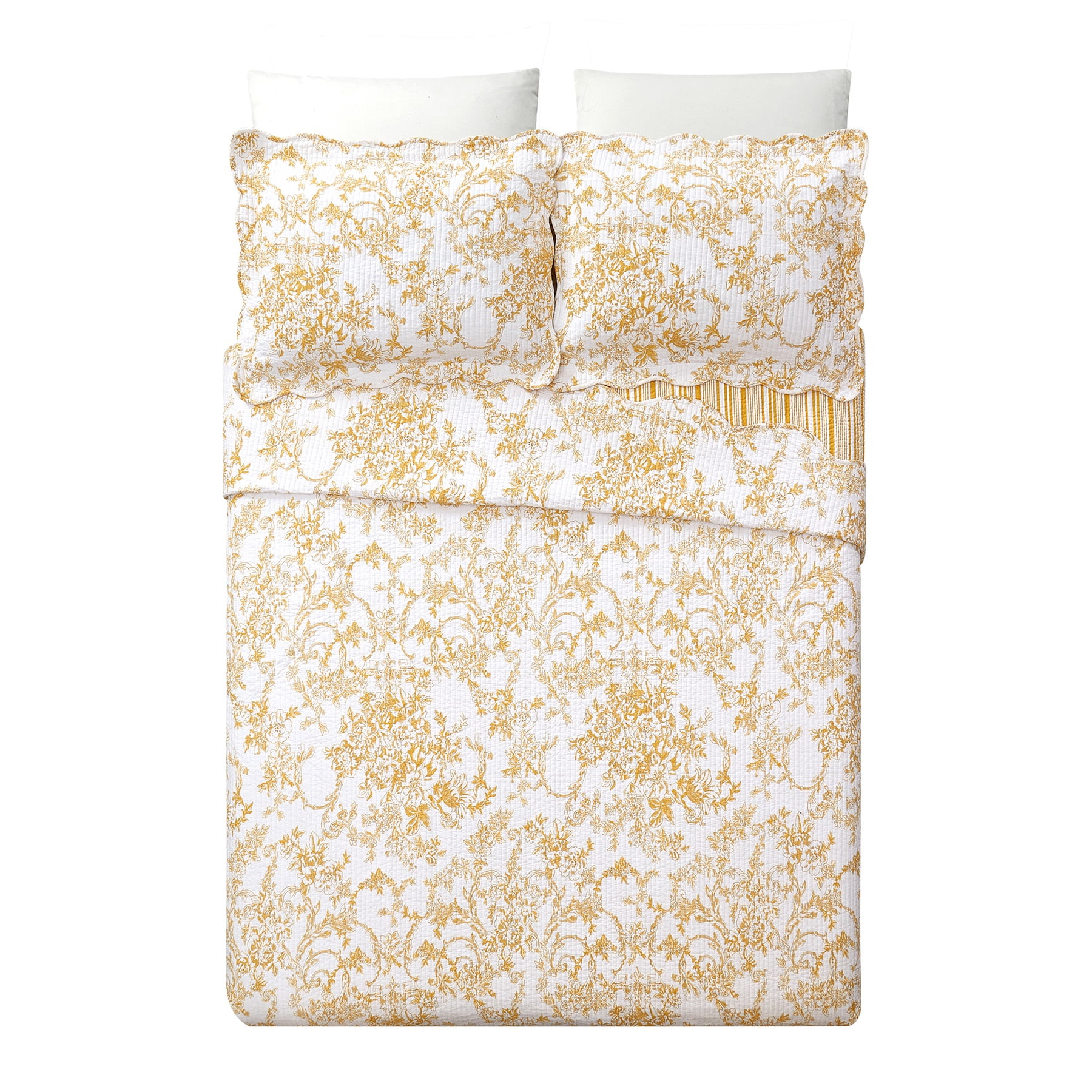 Modern Heirloom Garden Toile Yellow 3-Piece Reversible Quilt Set, King