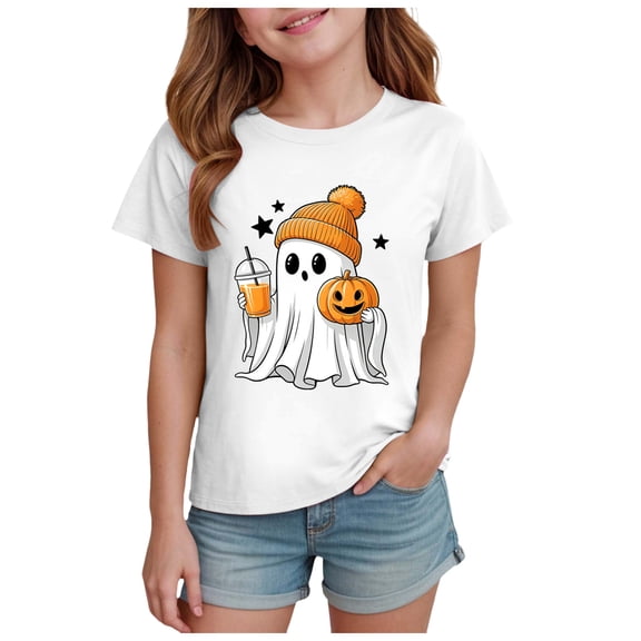 Staki Halloween Shirts for Kids Girl Graphic Shirt Top Halloween Print T-Shirt Casual Short Sleeve Outfits Gifts(White,1-2 Years)