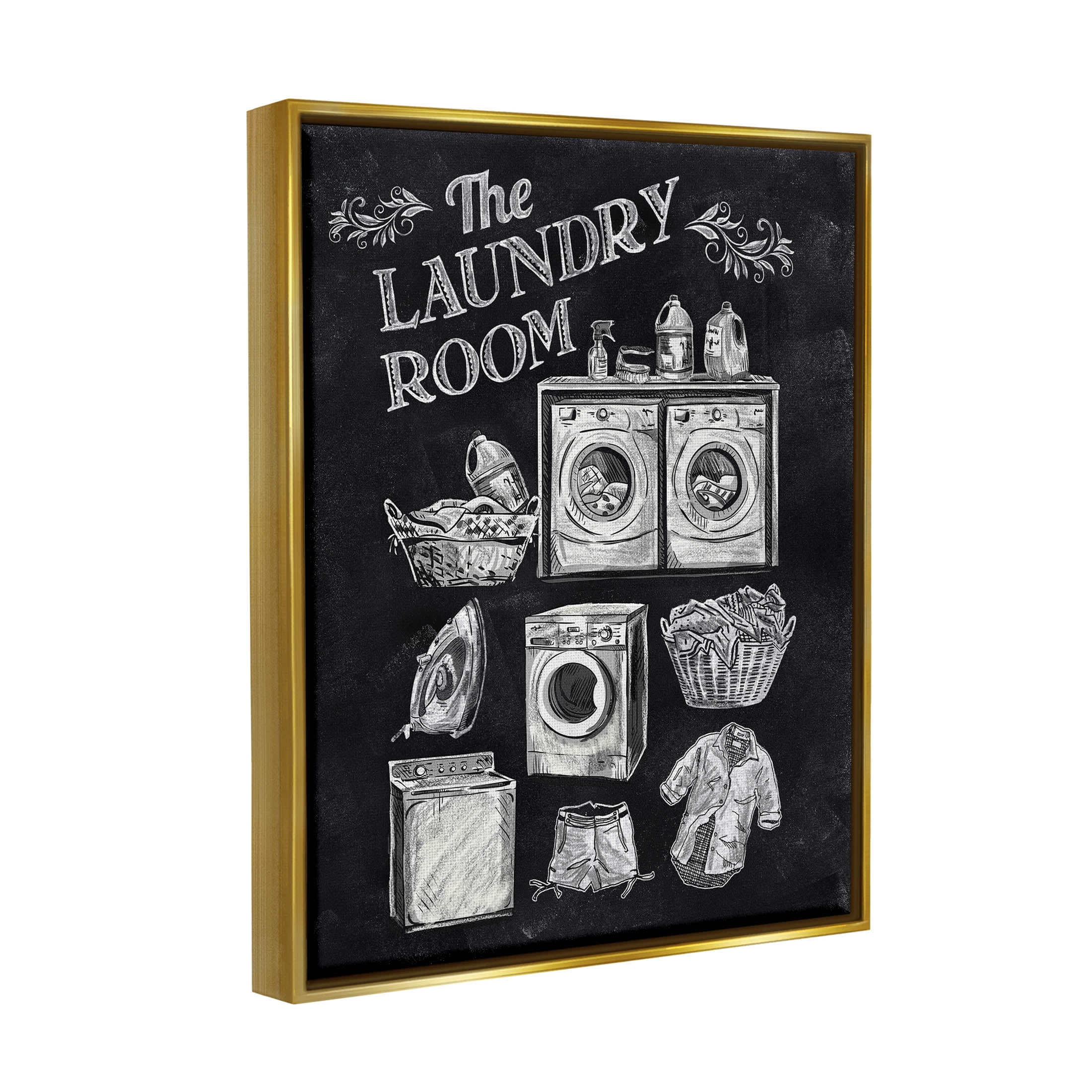 Laundry Room Vintage Drawings Typography Graphic Art Metallic Gold Framed Art Print Wall Art