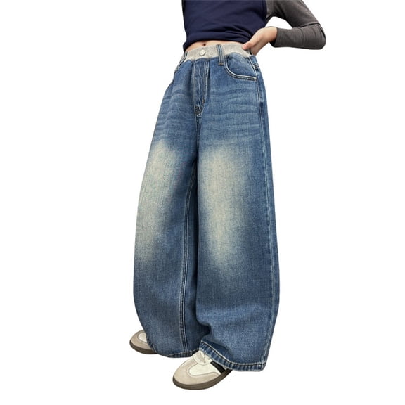 GiLiling Girls Aesthetic Casual Jeans High Waist Wide Leg Baggy Cargo Denim Pants Elastic Waist Y2k Vintage (Blue, 13-14 Years) (Blue, 11-12 Years)
