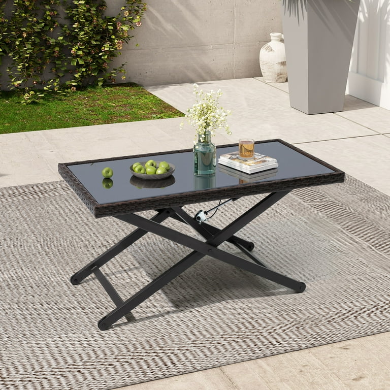 Pellebant Height Adjustable PE Rattan Coffee Table with Tempered Glass Black Size 41.34