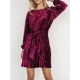 thumbnail image 5 of Women's Velvet Round Neck Tie Waist Long Sleeve Mini Dress 95% polyester 5% elastane Everyday chic and evenings, 5 of 13