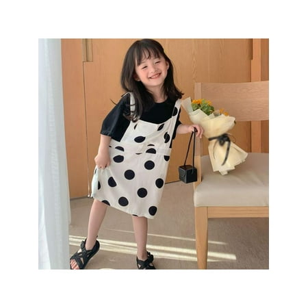 

Taykoo Toddler Baby Girl Dress Fake Two black Tee Shirt And Polka Dot Suspender Skirt