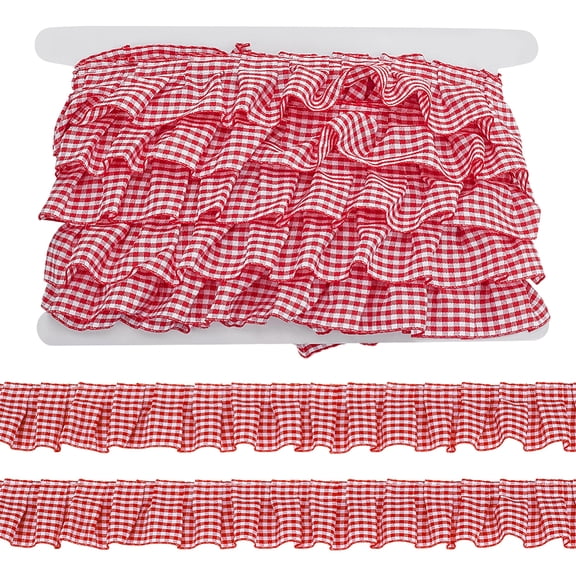 10 Yards Polyester Ruffled Pleated Tartan Lace Ribbon Red 1-5/8 inch(40mm)