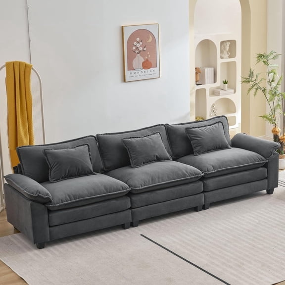 IPKIG Sectional Sofa Comfy Cloud Couch for Living Room with Pillows, Modern Chenille Sofa Sleeper Deep Couches with Ottoman (Grey, 3-Seat-Style2)