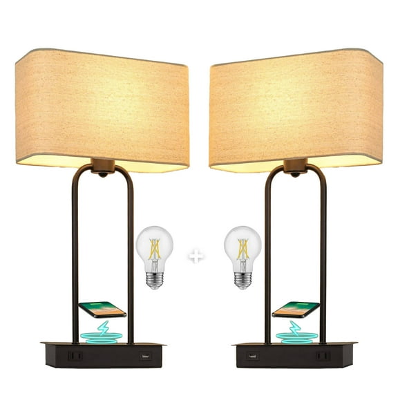 Modern Style Table Lamps Set of 2 with Wireless&USB&AC Outlet Charging Ports,3-Way Dimmable Switch, For Living Room Bedroom Home Office, 2Bulbs Include, Black Color,20 * 11.8 * 6.5 Inch