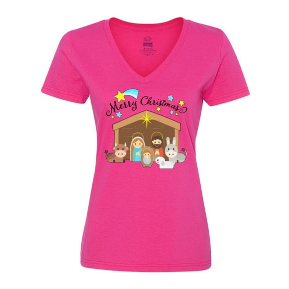 Inktastic Merry Christmas Cute Nativity Scene Women's V-Neck T-Shirt