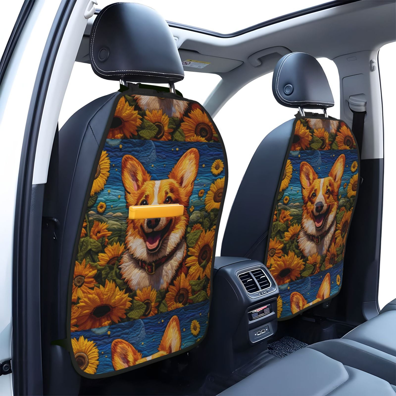 Xecao Artistic Sunflower Corgi Pattern Car Seat Back Protector 2 Pack Large Capacity Pocket, Kick Mats Back Seat Protector
