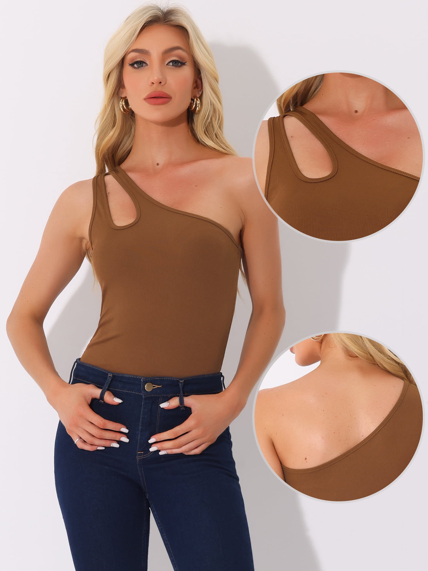 DARING DIVA Bodysuit One Shoulder Slim Fit Ribbed Tank Tops L Coffee