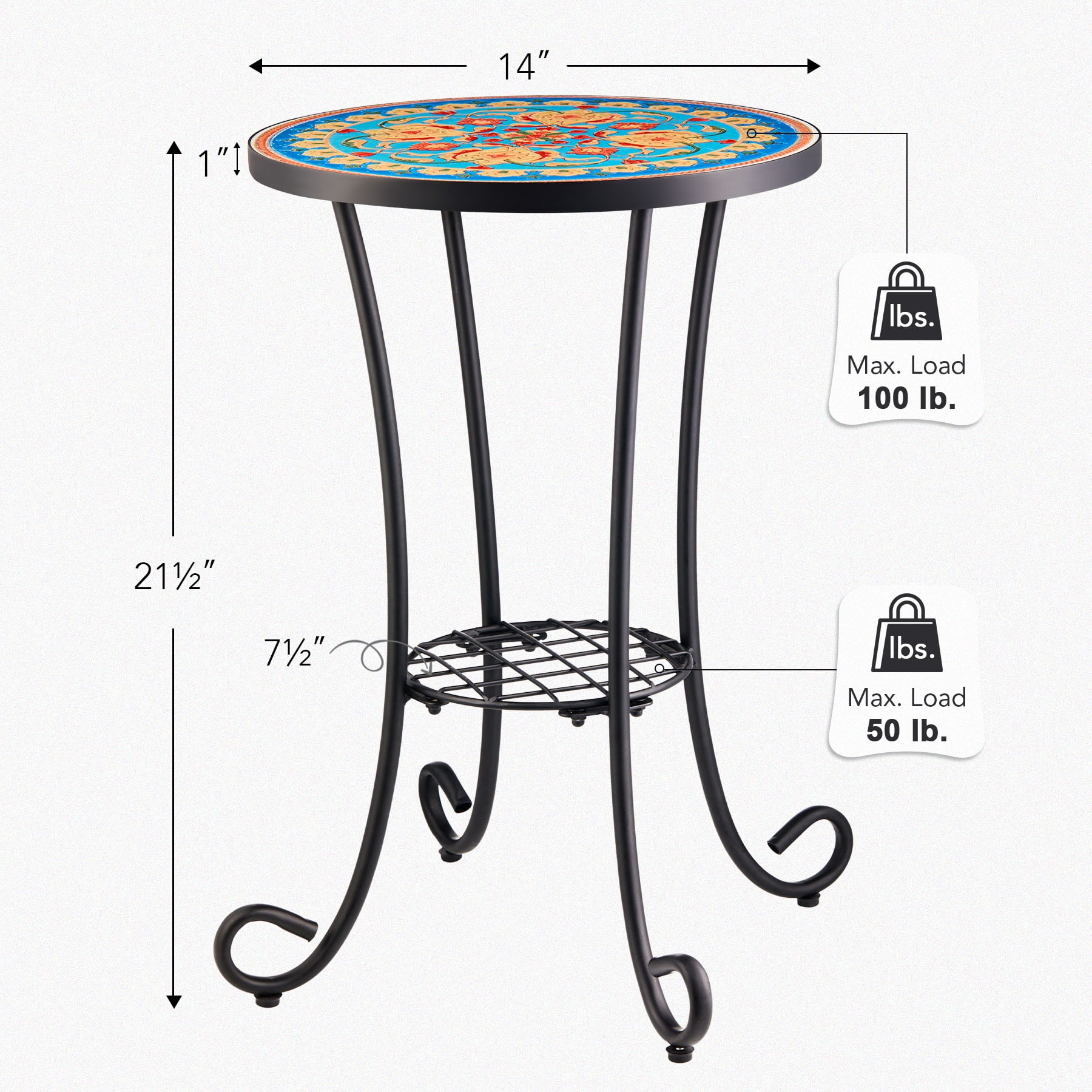 14 Inch Side Table w Ceramic Tile Top and Shelf for Patio Balcony Garden Faberge