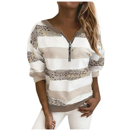 

Women Striped Leopard Stitching Zipper Long Sleeve Blouse Pullover Plus Size Loose Fit Sweatshirt Pullover