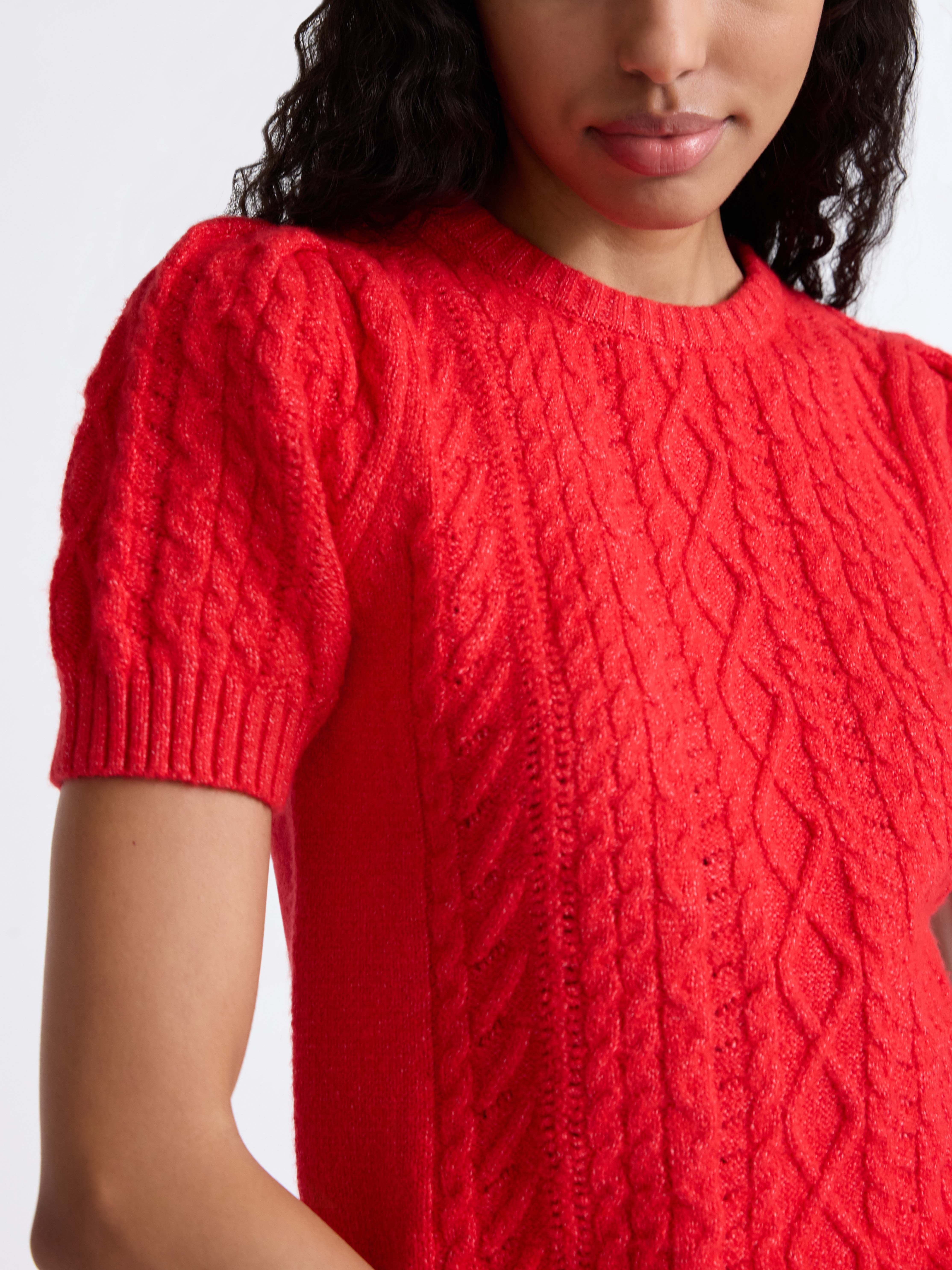 Free Assembly Women's Cable Knit Sweater with Short Puff Sleeves, Sizes XS-XXL