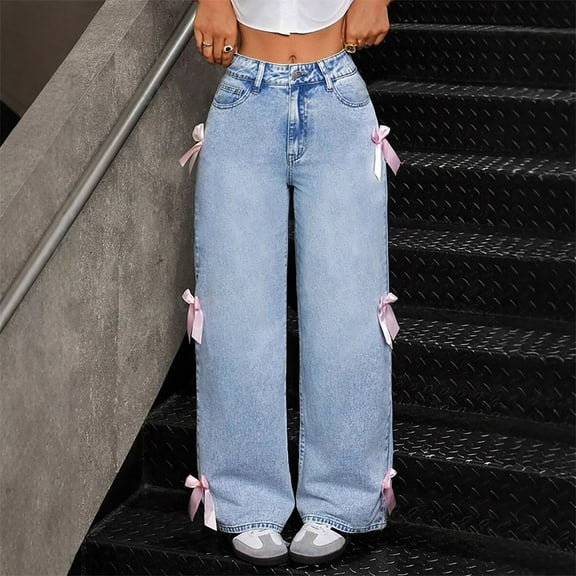 PiGOGI Women's Casual Pants - Versatile Straight Leg Trousers with Pockets, Comfortable Fashionable Long Bottoms for Daily Wear Light Blue XS