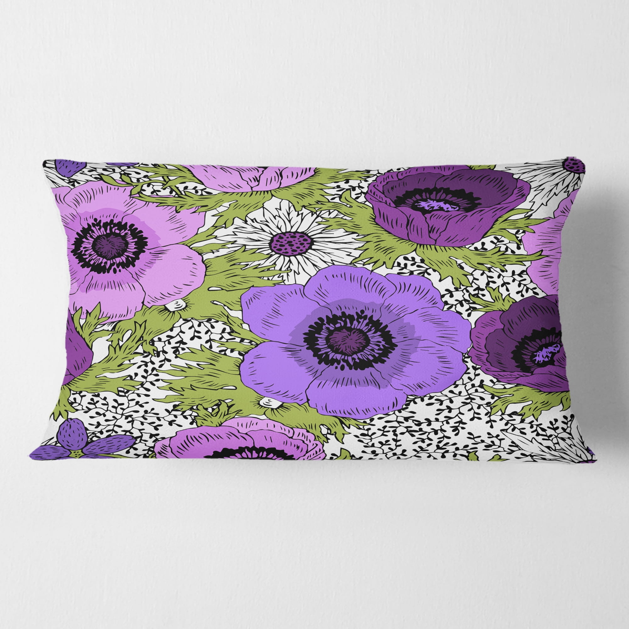 Designart Purple Retro Fantasy Flowers' Mid-Century Modern Throw Pillow - 12x20