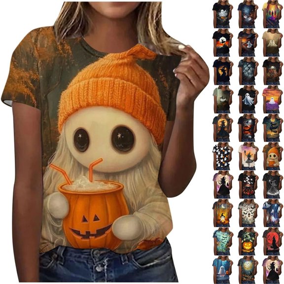 Qzwdhjm Halloween Shirt for Women Short Sleeve Pumpkin Graphic Tees Crewneck Comfy Casual Plus Size Top for Halloween Night Out