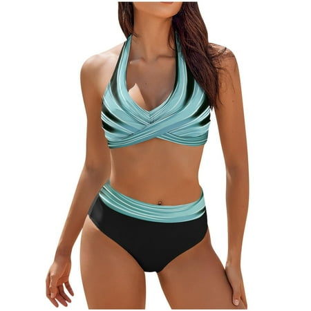 SKSloeg Bikini Sets for Women High Waisted Wrap Front Bikini Sets Two Piece Swimsuit Tummy Control Tummy Control Bathing Suit Color Block Cheeky High Cut Bathing Suits Light Blue XXL