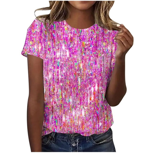 Liquidation! Uooqdmx Hauts Pailletés pour Femmes, Chemises à Manches Courtes pour Femmes, Hauts à Sequins pour Femmes, T-Shirt Décontracté à Col Rond Imprimé à Sequins, Chemises d'Été pour Femmes, Rose Vif TTG