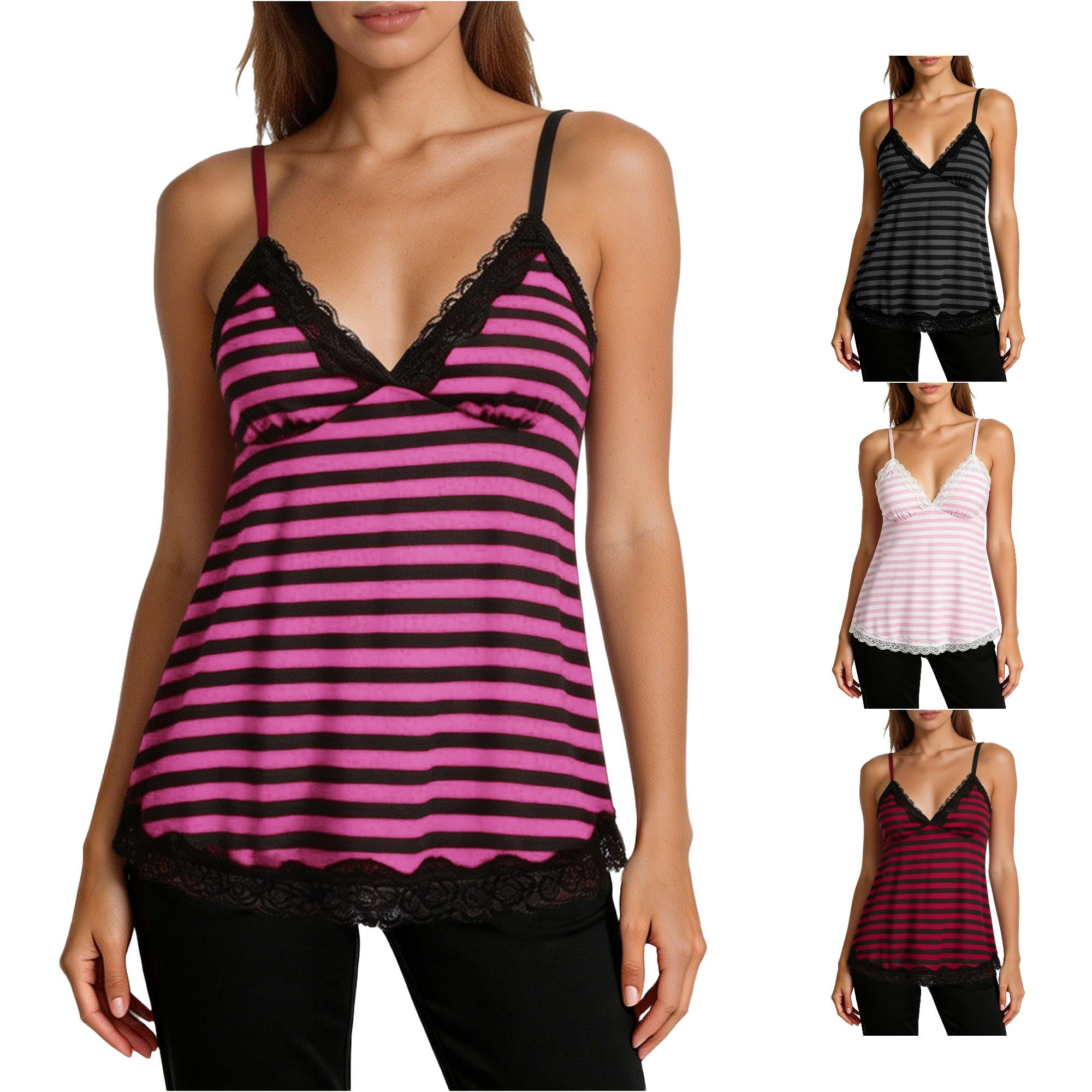 Xijirk Women Spaghetti Strap Top V Neck Lace Trim Striped Flowy Tank Top for Loungewear Sleepwear Daily Casual Wear Hot Pink M
