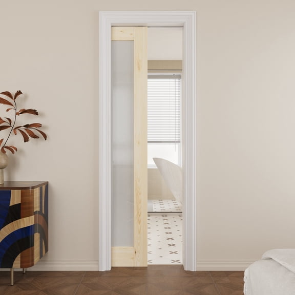 24" x 80" Frosted Glass Pine Wood Pocket Door with Soft Close, Solid Door Panel & Pocket Door Hardware & Frame-as Panty Door, Closet Door, Unfinished Knotty Natural Wood & Ready-to-Stain