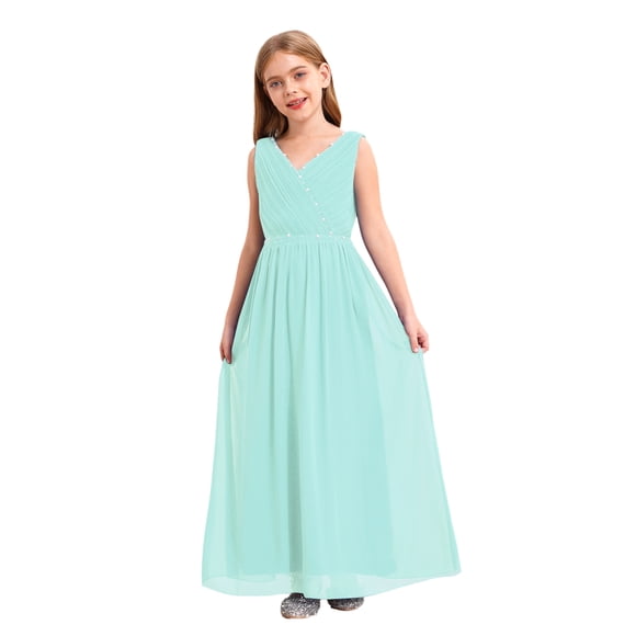 LiiYii Girls' Kids Chiffon Sleeveless Beaded Wedding Junior Bridesmaid Dance Prom Party Dress Mint Green 8