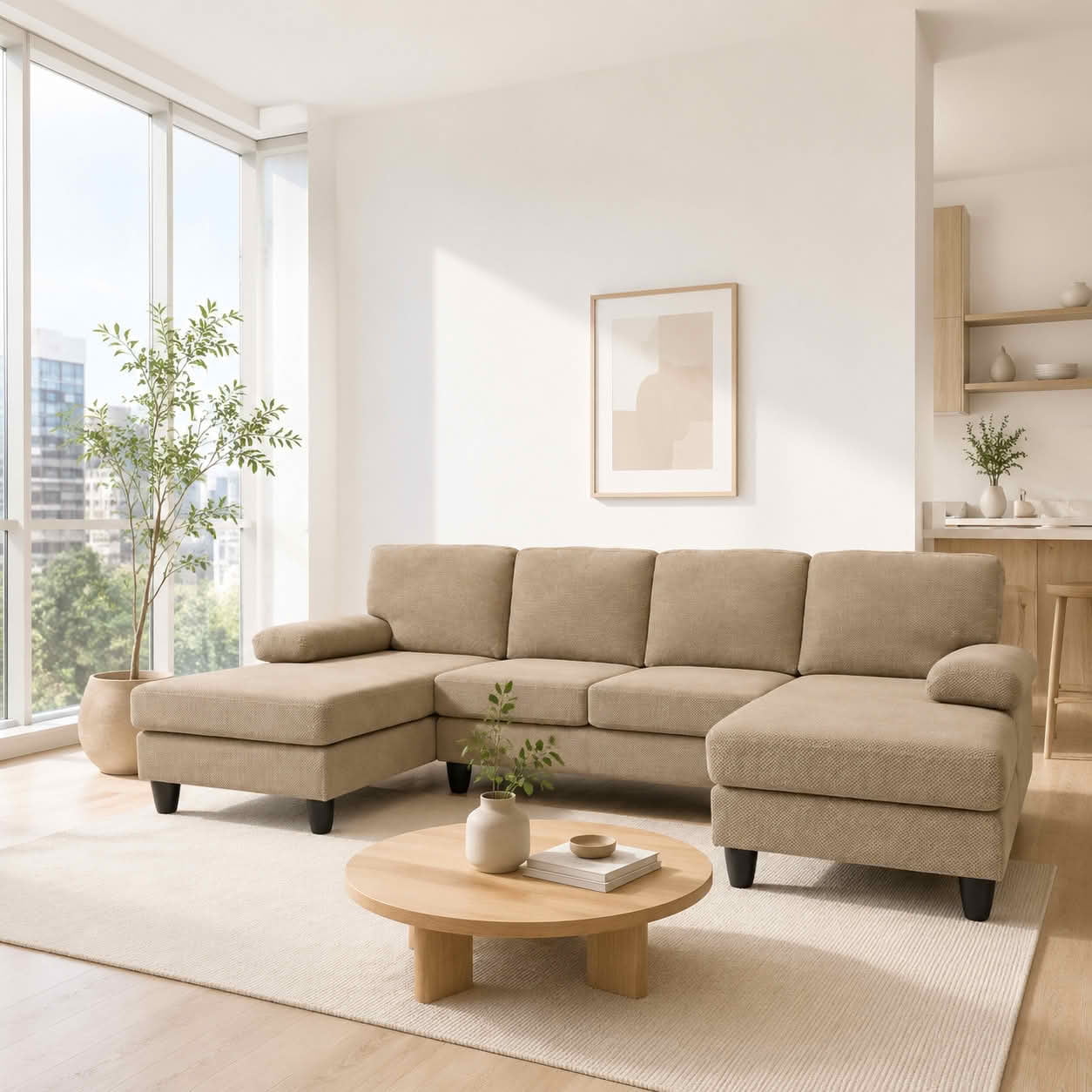 MAYEERTY 104" U‑Shaped Sectional Sofa, Nubby Textured Upholstery Couch with Dual Chaise & Plush Upholstered Armrests, Modern Living Room Furniture
